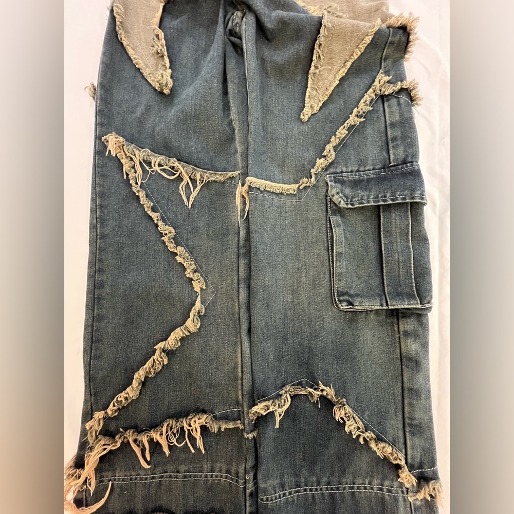 ROMWE Wide Leg Jeans Distressed Patchwork Frayed Star Denim Y2K Size 4 - Picture 9 of 12